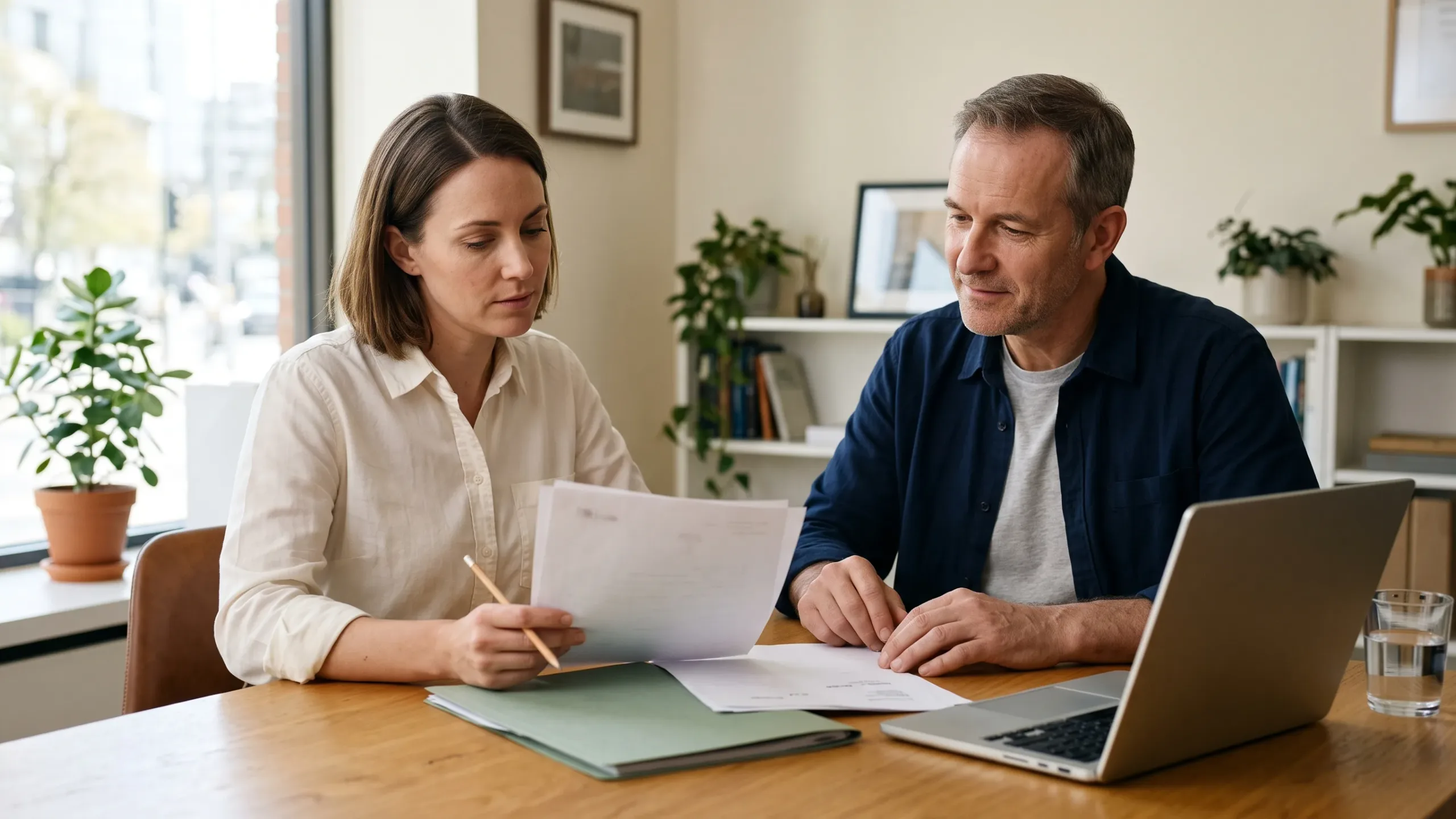 Prospective franchise owner and adviser reviewing planning documents at a desk