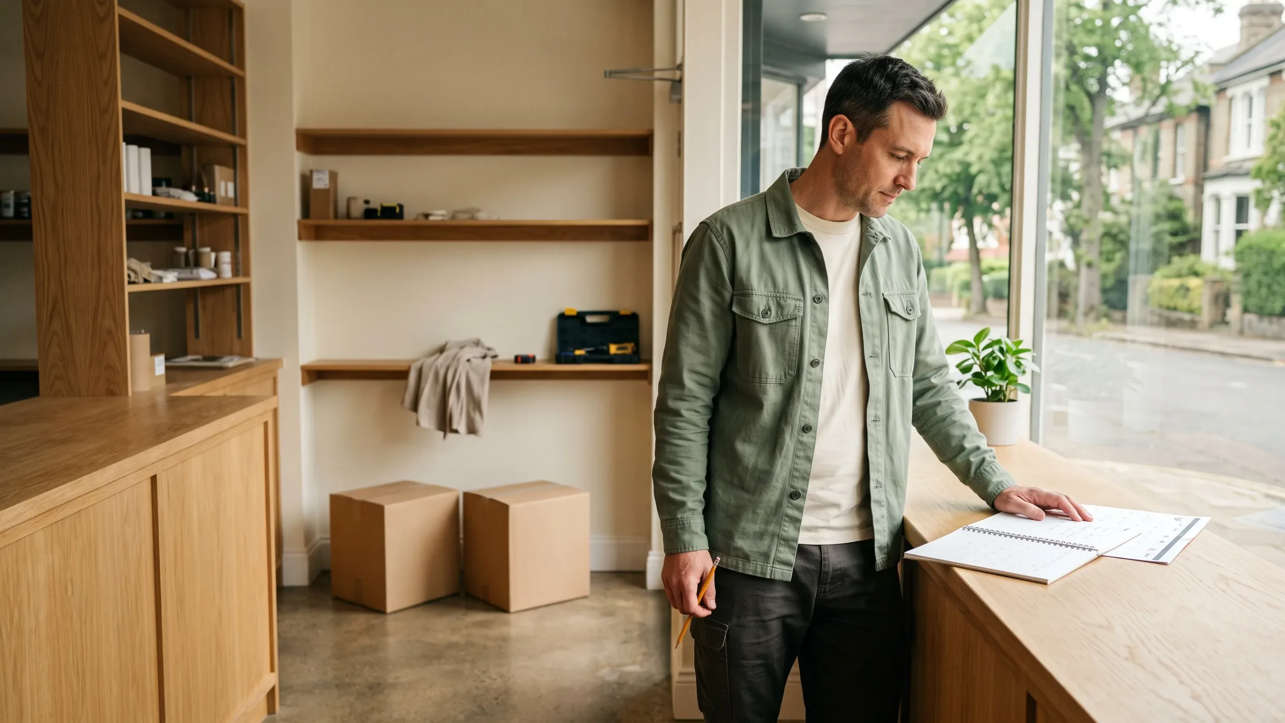 Prospective franchise owner checking an opening calendar in a storefront being prepared for launch