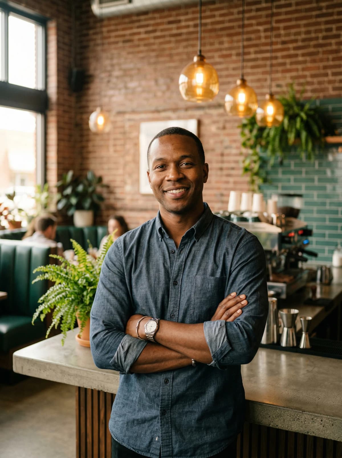 A confident franchise owner standing in their business